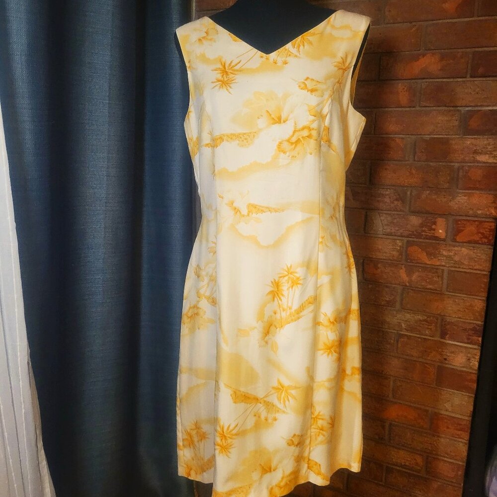 TIKI Classics 100% Silk Sleeveless V Neckline Yellow/Off-White Dress - Size L